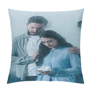 Personality  Husband Grieving And Hugging Wife With Baby Shoes Through Window With Raindrops Pillow Covers