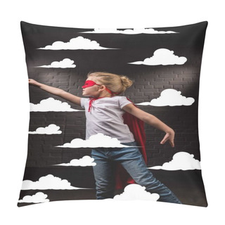 Personality  Female Child Flying In Red Superhero Mask And Flying In Clouds Pillow Covers