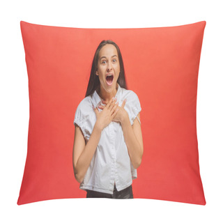 Personality  Beautiful Woman Looking Suprised Isolated On Red Pillow Covers