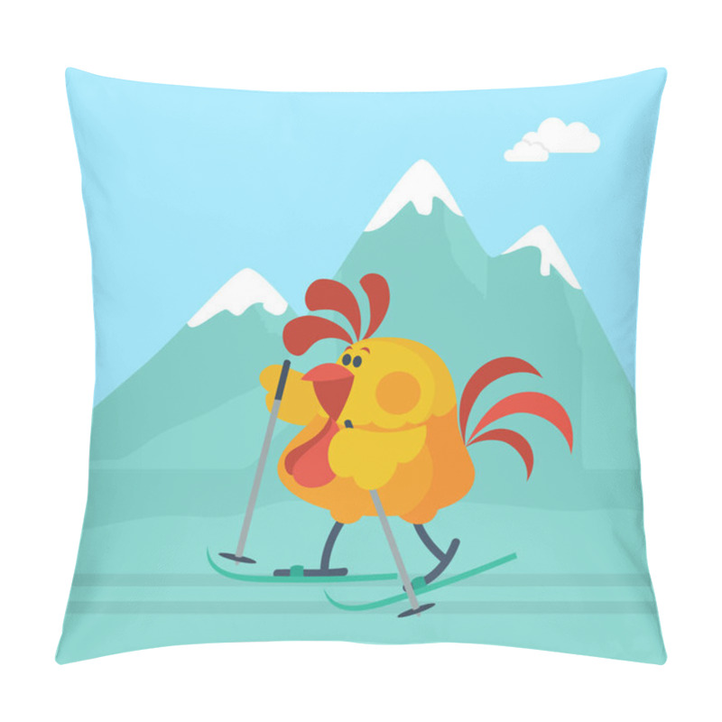 Personality  Rooster Skiing In Mountains Cartoon Flat Vector Pillow Covers