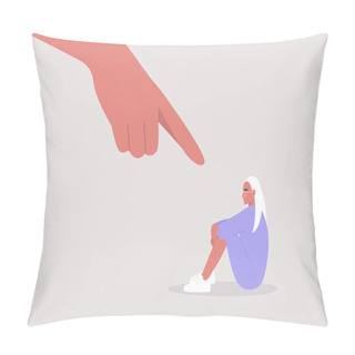 Personality  Bullying, Pointing Finger, Hate, Sexism, Sad Female Character Hugging Their Knees, Aggression Pillow Covers