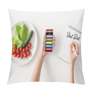 Personality  Top View Of Woman Holding Smartphone And Writing In Notebook With Start Diet Lettering Near Ripe Vegetables On Plate On White Background Pillow Covers