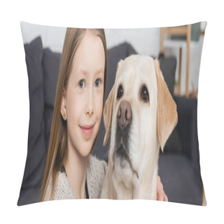 Personality  Portrait Of Happy Girl Looking At Camera While Hugging Labrador Dog At Home, Banner Pillow Covers
