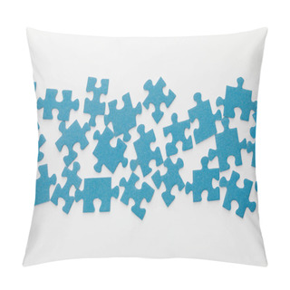 Personality  Top View Of Scattered Pieces Of Blue Jigsaw Puzzle On White Background Pillow Covers