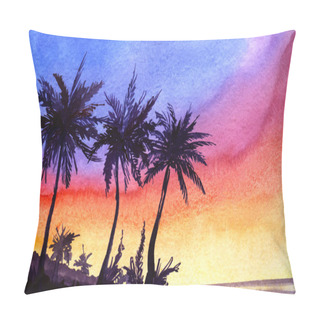 Personality  Beautiful Tropical Landscape Background. Dark Silhouette Of Sea Coast With Palm Trees Against Bright Gradient Sunset Sky Of Rainbow Colors. Watercolor Hand Drawn Illustration On Paper. Pillow Covers