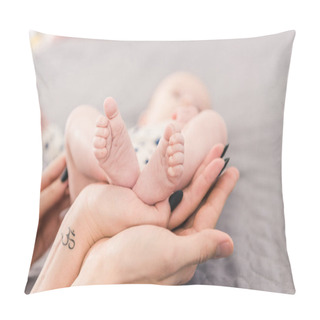 Personality  Partial View Of Mother And Father Holding Babys Feet Together Pillow Covers
