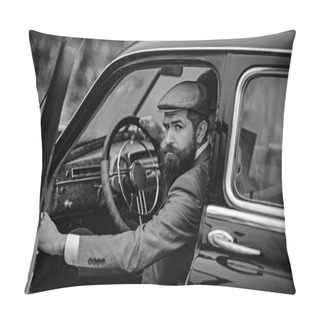 Personality  Bearded Man In Car. Bearded Man Driver Travel By Car. Pillow Covers