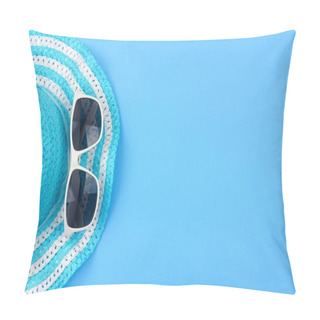 Personality  Summer Hat With Sunglasses. Top View, Minimal Concept Over A Blue Background. Side Border Orientation. Pillow Covers