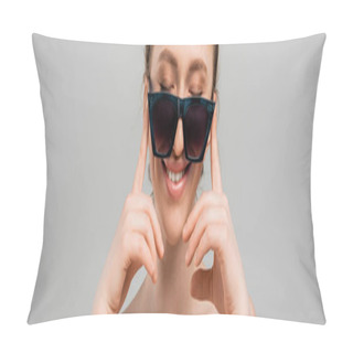 Personality  Portrait Of Young And Smiling Woman With Natural Makeup And Naked Shoulders Touching Sunglasses While Standing Isolated On Grey Background, Trendy Sun Protection Concept, Fashion Model, Banner  Pillow Covers