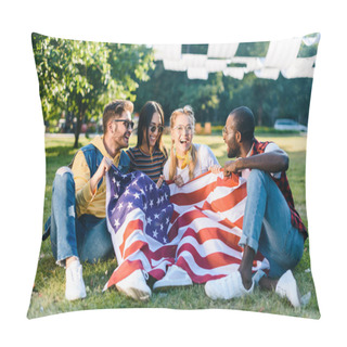 Personality  Multiracial Happy Friends With American Flag Sitting On Green Grass In Park Pillow Covers