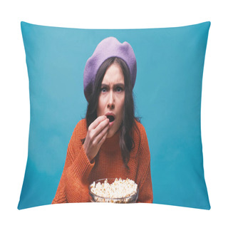 Personality  Nervous Woman Eating Popcorn While Watching Exciting Film Isolated On Blue Pillow Covers