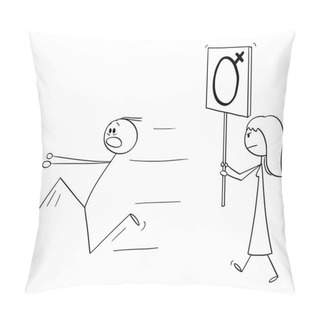 Personality  Vector Cartoon Of Feminist Woman Walking Or Manifesting With Female Gender Symbol Sign And Man Running Away Pillow Covers