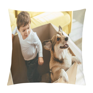 Personality  Adorable Boy Playing With Dog In Cardboard Box Pillow Covers