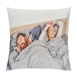 Personality  Quiet House, Parents Alone At Home, Redhead Husband And Wife In Cozy Bedroom, Bearded Man And Carefree Woman Relaxing On Weekends, Day Off, Wake Up, Tattooed, Closed Eyes  Pillow Covers