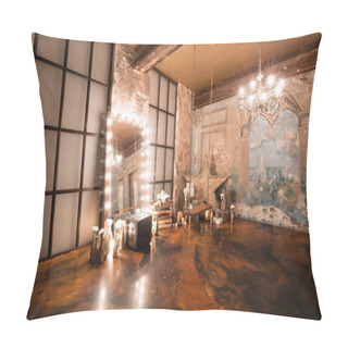 Personality  Loft Interior With Mirror, Candles, Brick Wall, Large Window, Living Room In Modern Design Pillow Covers