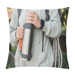 Personality  Cropped View Of Young Woman Tourist With Backpack And Fitness Tracker Holding Thermos While Hiking With Blurred Nature At Background, Trekking Through Rugged Terrain, Summer Pillow Covers