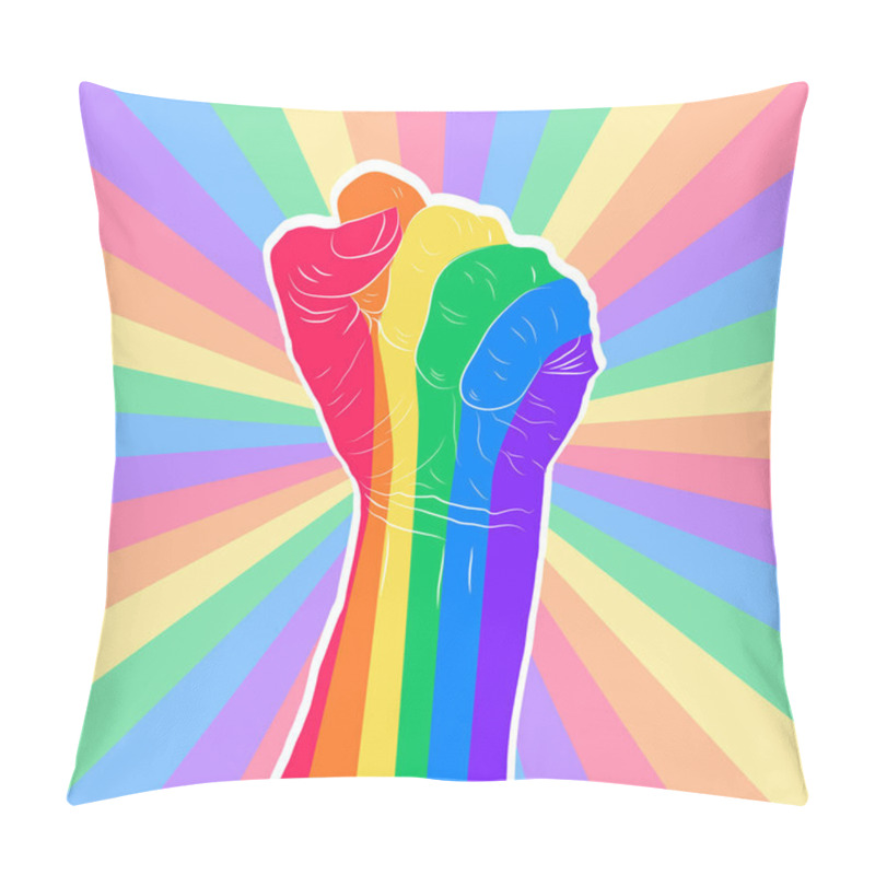 Personality  Rainbow colored hand with a fist raised up. Gay Pride. LGBT conc pillow covers