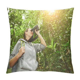 Personality  Hiker Watching Through Binoculars Wild Birds In The Jungle Pillow Covers