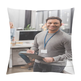 Personality  Happy African American Man With Name Tag Writing Something On Planchette At Modern Office Pillow Covers