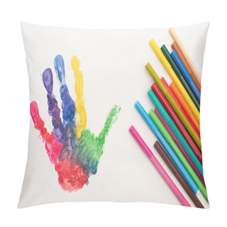 Personality  Top View Of Colorful Handprint And Flat Pens On White For World Autism Awareness Day Pillow Covers