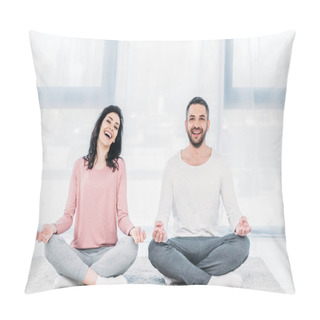 Personality  Happy Woman And Man Sitting In Lotus Pose And Meditating At Home Pillow Covers