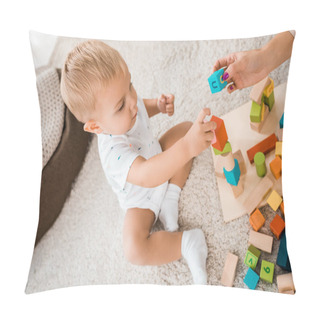 Personality Angle View On Adorable Toddler Playing With Colorful Cubes In Nursery Room Pillow Covers