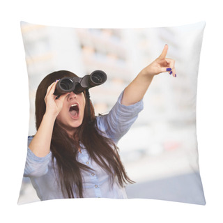 Personality  Portrait Of A Young Woman Looking Through Binoculars Pillow Covers