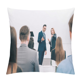 Personality  Smiling Colleagues Talking To Audience During Seminar In Conference Hall Pillow Covers