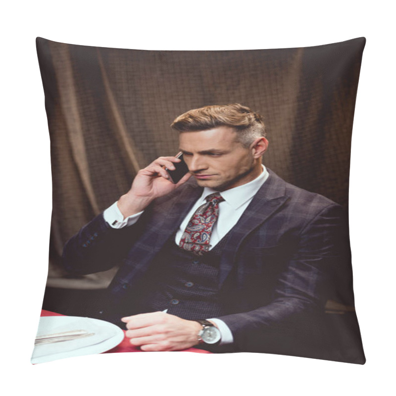 Personality  Handsome Man In Suit Sitting At Table And Talking On Smartphone In Restaurant Pillow Covers