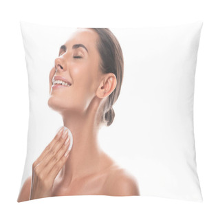Personality  Nude Young Woman Using Cotton Pad With Closed Eyes And Laughing Isolated On White Pillow Covers