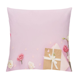 Personality  Top View Of Gift Boxes, Flowers And Hearts Isolated On Pink With Copy Space Pillow Covers