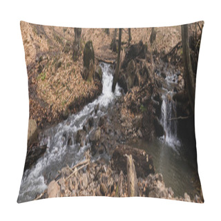 Personality  Mountain River And Stones In Forest In Autumn, Banner  Pillow Covers