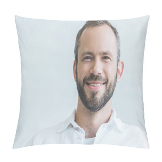 Personality  Portrait Of Bearded Smiling Man In Shirt, Isolated On White Pillow Covers