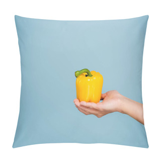 Personality  Female Hand With Yellow Bell Pepper Isolated On Blue Pillow Covers