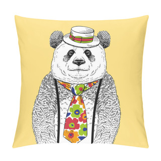 Personality  Hand Drawn Fashion Illustration Of Panda In Colorful Tie And Straw Boater Isolated On Light Background Pillow Covers