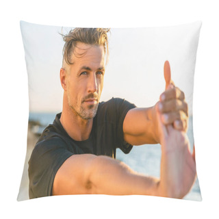 Personality  Close-up Shot Of Handsome Adult Sportsman Stretching Hand Before Training On Seashore Pillow Covers