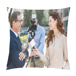 Personality  Cameraman And Female News Reporter With Microphone Interviewing Professional Businessman   Pillow Covers