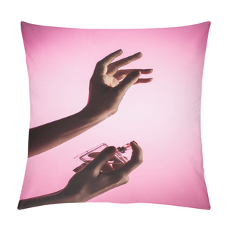 Personality  Cropped View Of Sensual Woman Spraying Perfume On Hand, Isolated On Pink Pillow Covers
