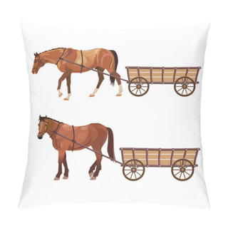 Personality  Horse With Cart. Set Of Vector Illustration Isolated On White Background Pillow Covers