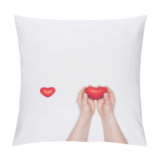 Personality  Cropped Shot Of Woman With Small Red Hearts Isolated On White Pillow Covers