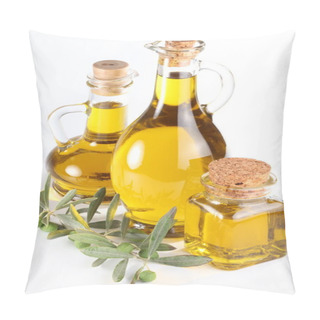Personality  Branch With Olives And A Bottles Of Olive Oil Isolated On White Pillow Covers