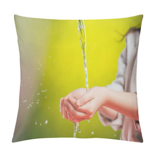 Personality  Selective Focus Of Kid Holding Hands Under Flowing Water On Blurred Background, Earth Day Concept Pillow Covers