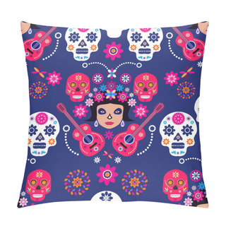 Personality  Mexican Seamless Pattern, Catrina Calavera  Sugar Skulls And  Marigold Flowers. Template  For Mexican Celebration, Traditional Mexico Skeleton Decoration. Dia De Los Muertos, Day Of The Dead  Halloween Vector Illustration Pillow Covers