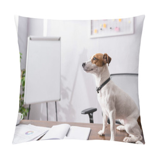Personality  Selective Focus Of Jack Russell Terrier Sitting Near Notebook And Papers On Office Table  Pillow Covers