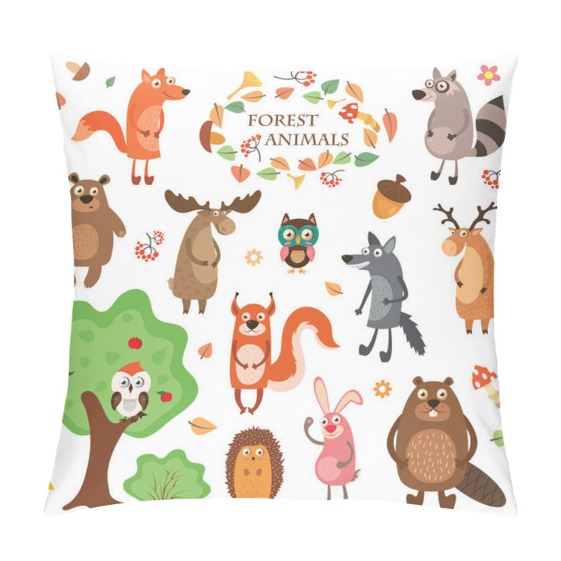 Personality  A set of cute animals on a white background isolated. Vector illustration in a flat style, hedgehog, elk, fox, deer, squirrel, raccoon, and bear. pillow covers