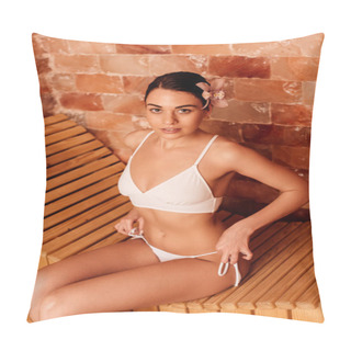 Personality  Young Woman In White Bikini On Wooden Bench In Spa Center Pillow Covers