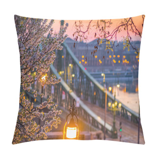 Personality  Budapest, Hungary - Cherry Blossom At Spring Time With Liberty Bridge At Background At Sunrise Pillow Covers