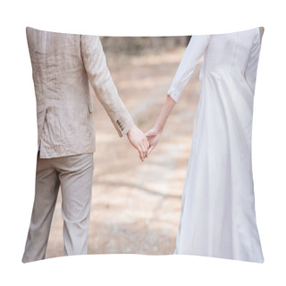 Personality  Cropped View Of Just Married Couple Holding Hands In Forest Pillow Covers