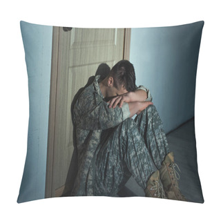 Personality  Military Man With Emotional Distress Sitting Near Door In Hallway At Home At Night  Pillow Covers