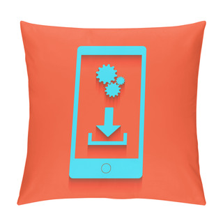 Personality  Phone Settings. Download And Install Apps. Vector. Blue Icon With Soft Shadow Putted Down On Flamingo Background. Pillow Covers